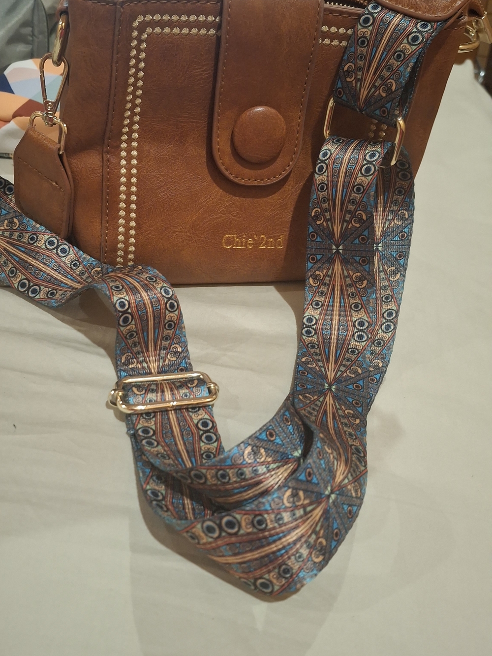 Brown Leather Crossbody with Patterned Blue Multi-Color Adjustable Strap - Picture 1 of 9
